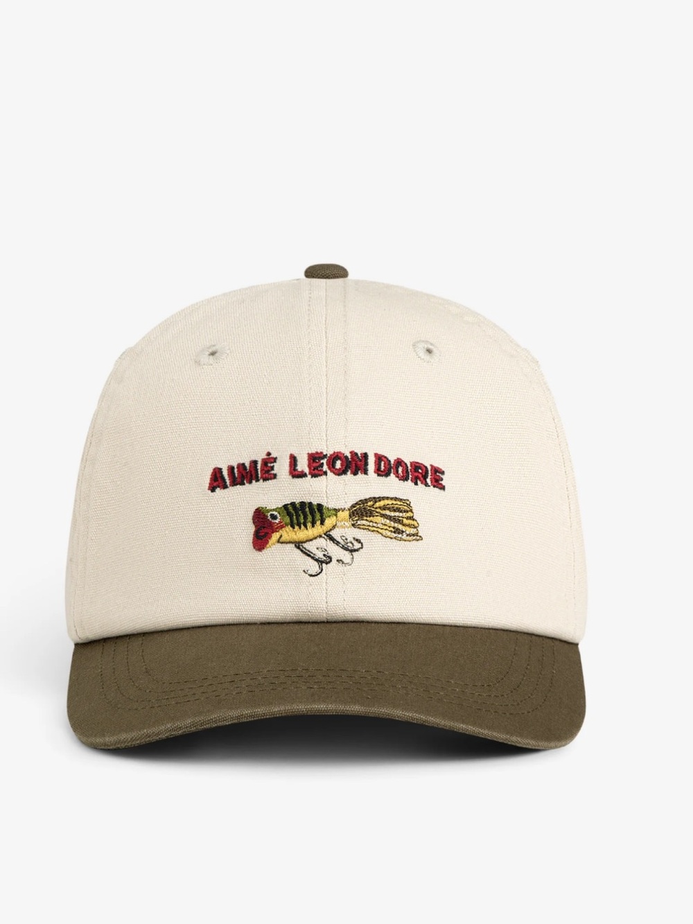 Aime Leon Dore Cream Cap with Olive Brim and Embroidered Fish